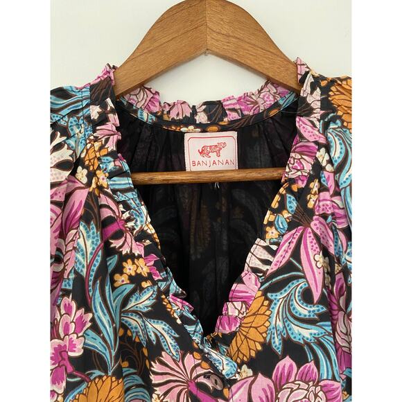 Banjanan Poppy Floral Print Organic Cotton Midi Dress Black Beauty Purple EUC - Picture 7 of 16